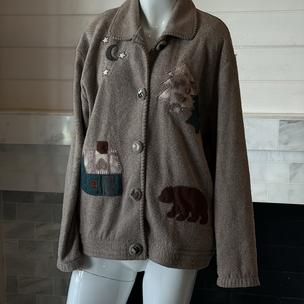 Vintage Teddy Brown Christmas Tree Patches Embroidered Jacket Size Medium - Picture 2 of 15